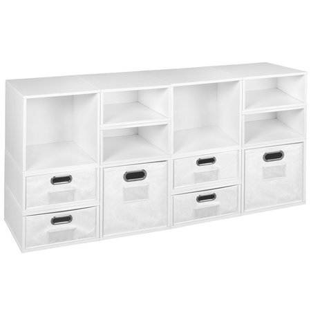 Regency Niche Cubo Storage Organizer Open Bookshelf Set-4 Full Cubes/8 Half Cubes with Foldable Storage Bins-White Wood Grain/White PC4F8HWH-2F4HWH